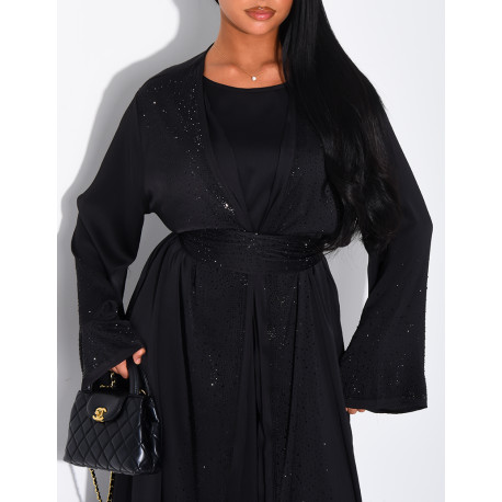 Satin-Set zum Binden, ärmelloses Kleid und Kimono mit Strasssteinen