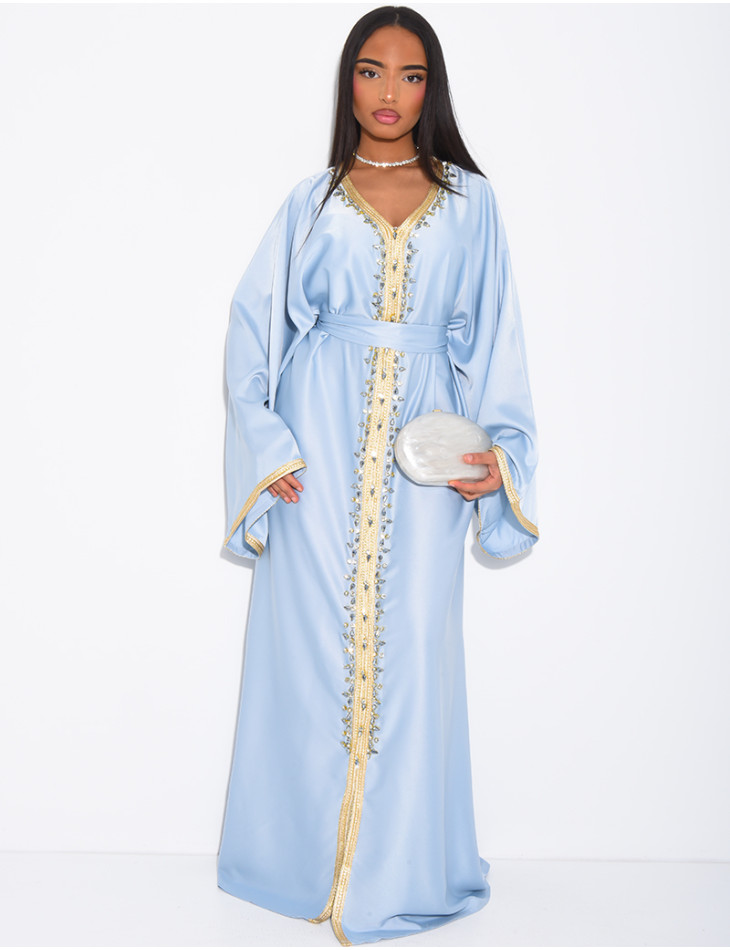 Premium satin abaya with hand-sewn crystals and gold trim