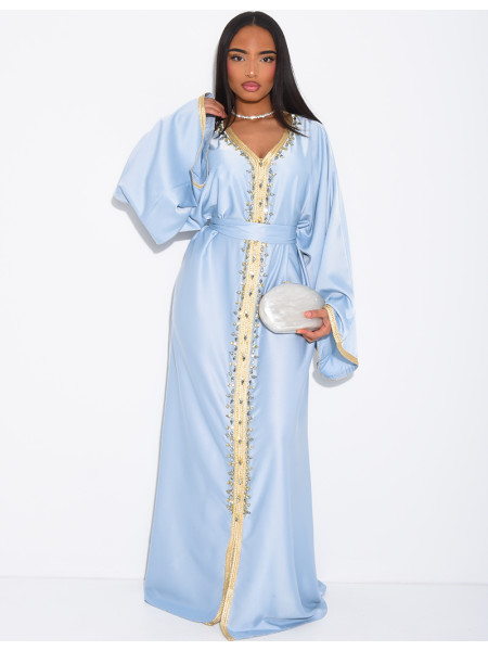 Premium satin abaya with hand-sewn crystals and gold trim
