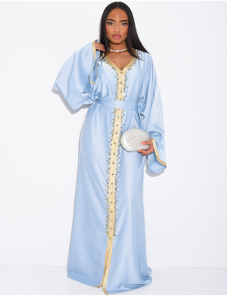 Premium satin abaya with hand-sewn crystals and gold trim