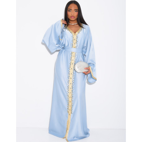 Premium satin abaya with hand-sewn crystals and gold trim