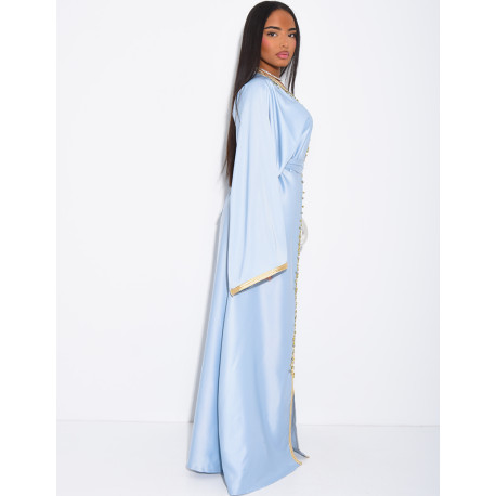 Premium satin abaya with hand-sewn crystals and gold trim