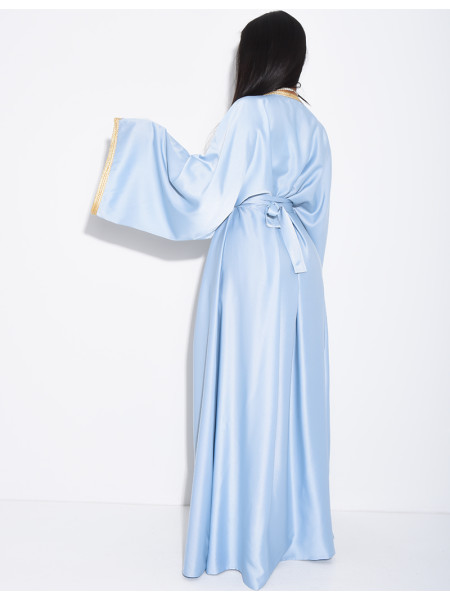 Premium satin abaya with hand-sewn crystals and gold trim