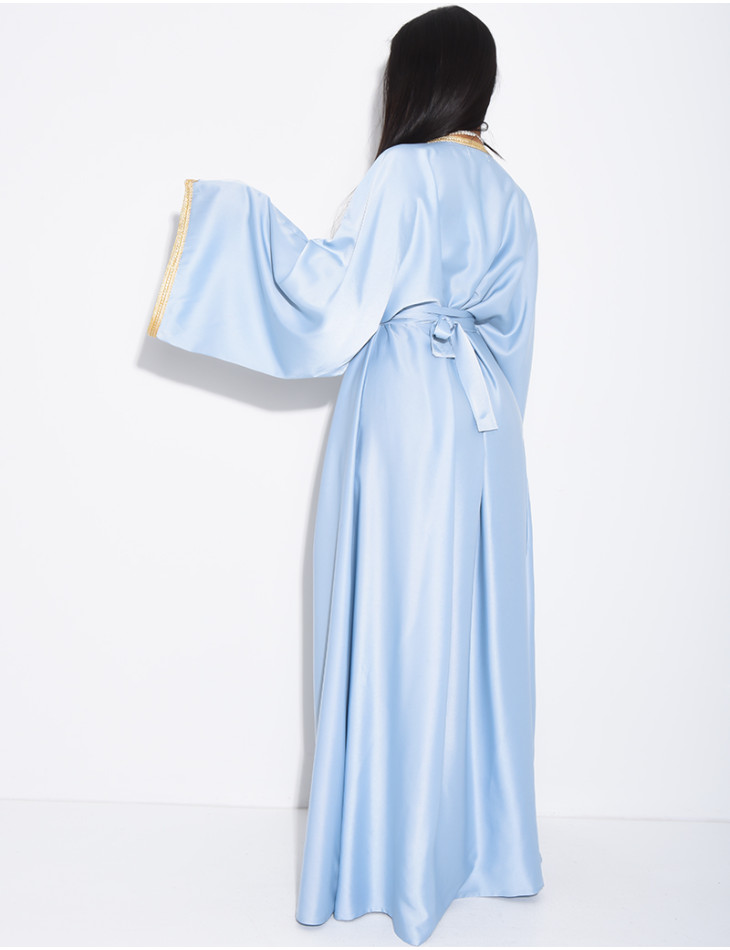 Premium satin abaya with hand-sewn crystals and gold trim