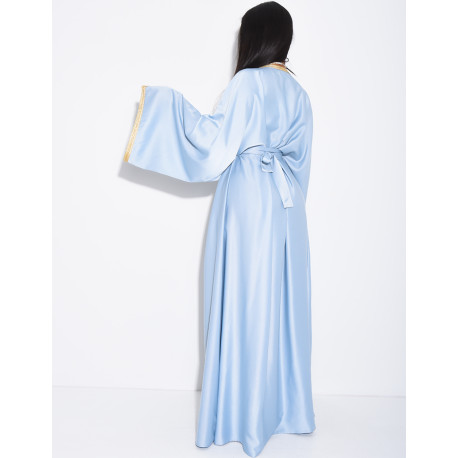 Premium satin abaya with hand-sewn crystals and gold trim