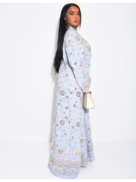 Weite Abaya mit goldenen Stickereien und Pompon