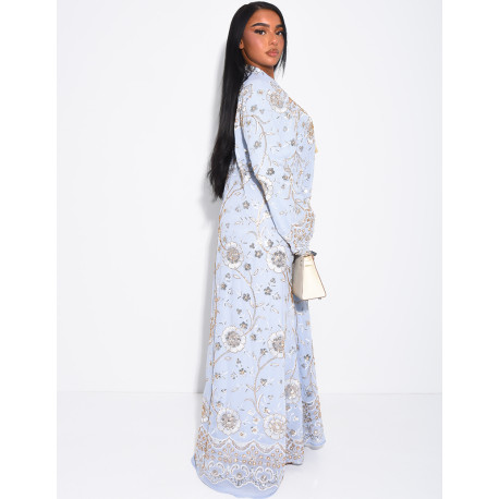 Weite Abaya mit goldenen Stickereien und Pompon