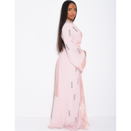 Ensemble premium robe sans manche et kimono à cristaux et bordures en tissu brocard