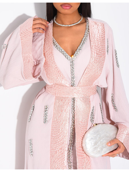 Ensemble premium robe sans manche et kimono à cristaux et bordures en tissu brocard