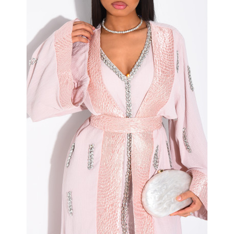 Ensemble premium robe sans manche et kimono à cristaux et bordures en tissu brocard