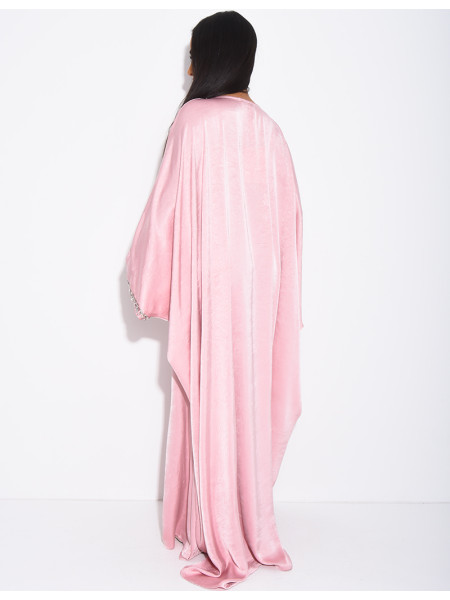 Abaya aus hochwertigem Satin mit Schmetterlingsmuster, verziert mit Kristallen am Kragen und an den Ärmeln