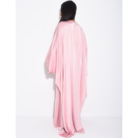Abaya aus hochwertigem Satin mit Schmetterlingsmuster, verziert mit Kristallen am Kragen und an den Ärmeln