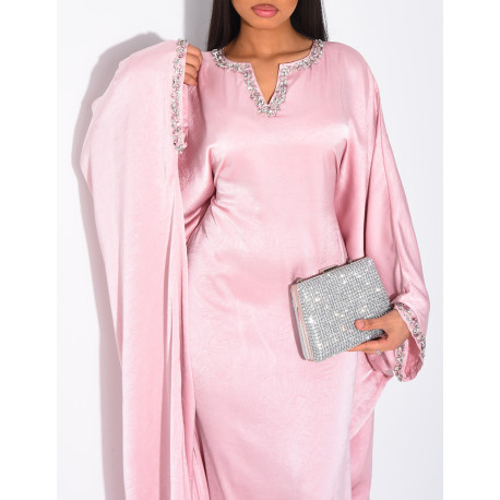 Abaya aus hochwertigem Satin mit Schmetterlingsmuster, verziert mit Kristallen am Kragen und an den Ärmeln