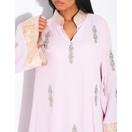 Premium-Abaya mit Kristallverzierung und Brokat-Einsatz