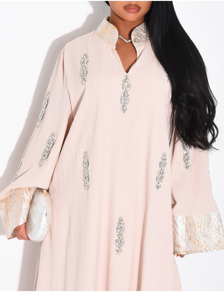 Premium-Abaya mit Kristallverzierung und Brokat-Einsatz