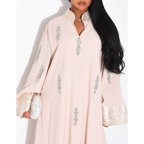 Premium-Abaya mit Kristallverzierung und Brokat-Einsatz