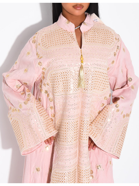 Abaya aus Baumwolle mit goldenen Stickereien und Quasten