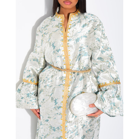 Hochwertige Brokat-Abaya mit Goldbesatz und passendem Gürtel