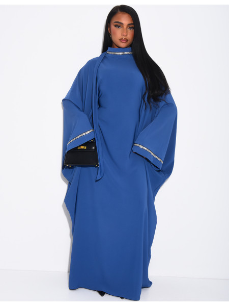 Butterfly abaya with high collar, rhinestones, and shawl