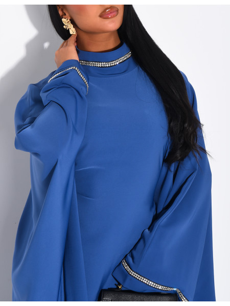 Butterfly abaya with high collar, rhinestones, and shawl