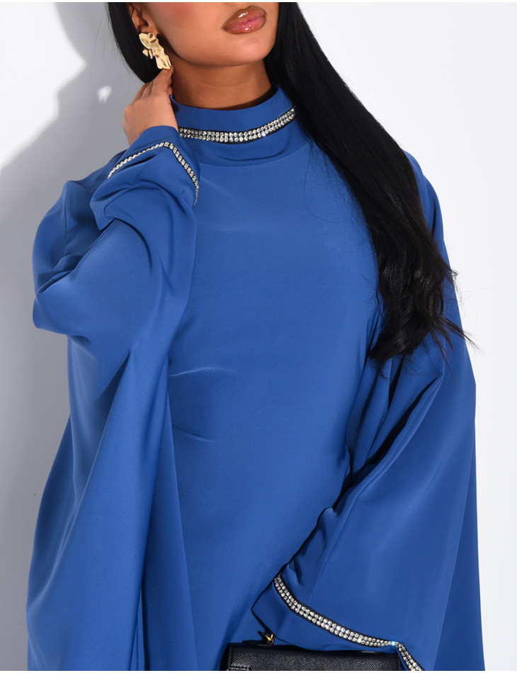 Butterfly abaya with high collar, rhinestones, and shawl