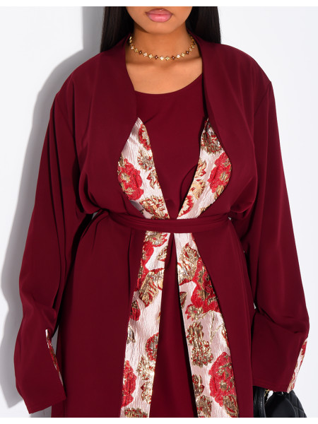 Ensemble sous robe sans manche et kimono à empiècement brocard ceinturé