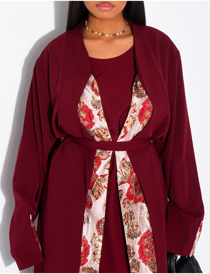 Ensemble sous robe sans manche et kimono à empiècement brocard ceinturé