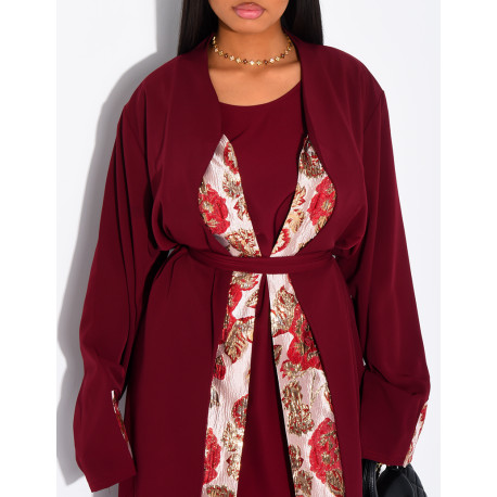 Ensemble sous robe sans manche et kimono à empiècement brocard ceinturé