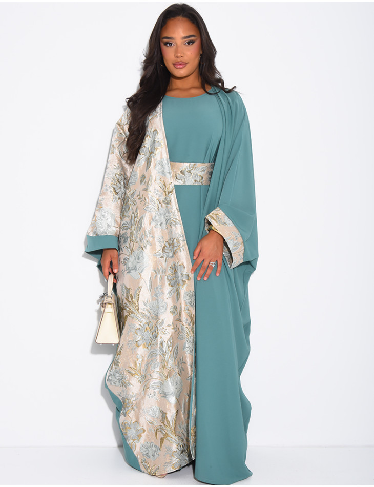 Ensemble robe sans manche et kimono à empiècements brocards assortis