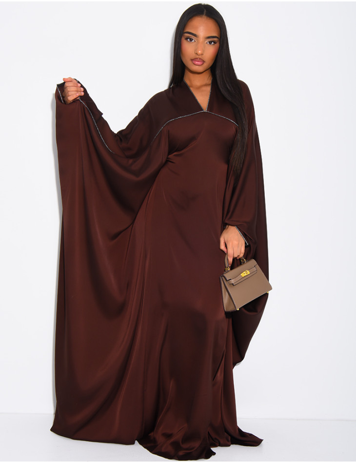 Dubai satin butterfly abaya with silver stitching