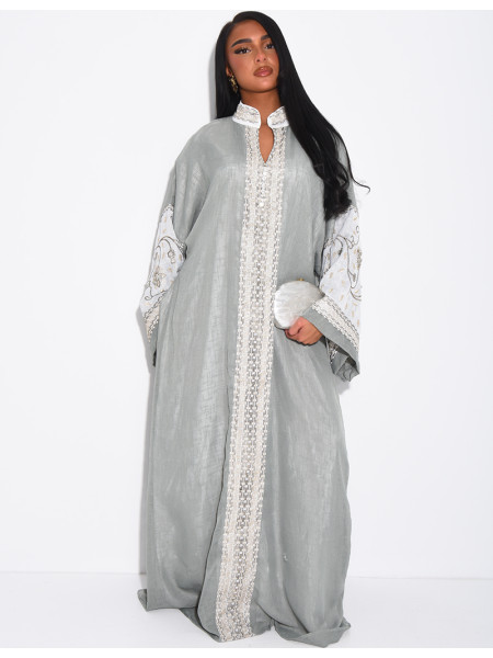 Abaya premium en lin à broderies & strass cousus mains