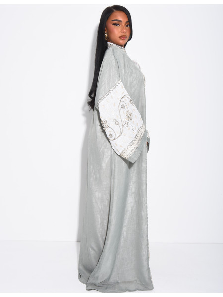 Abaya premium en lin à broderies & strass cousus mains