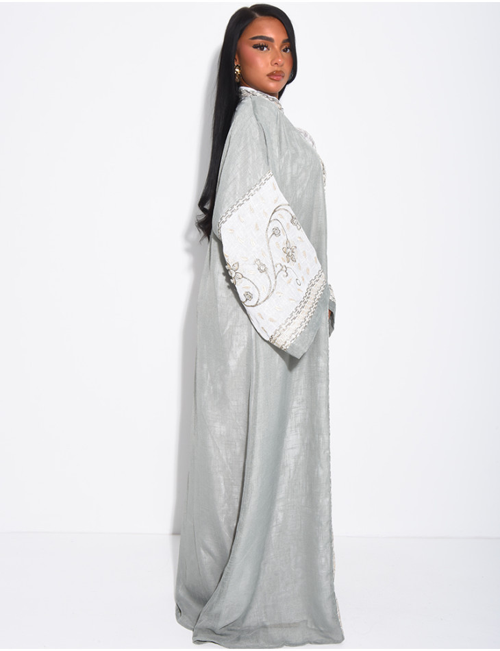 Abaya premium en lin à broderies & strass cousus mains