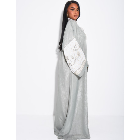 Abaya premium en lin à broderies & strass cousus mains