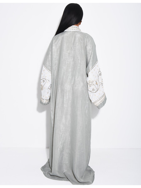 Abaya premium en lin à broderies & strass cousus mains