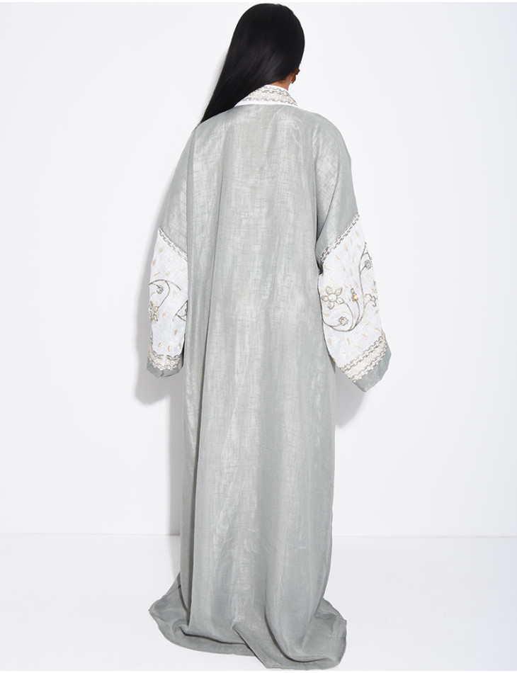 Abaya premium en lin à broderies & strass cousus mains