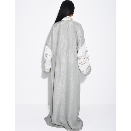 Abaya premium en lin à broderies & strass cousus mains