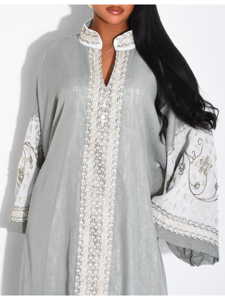 Abaya premium en lin à broderies & strass cousus mains