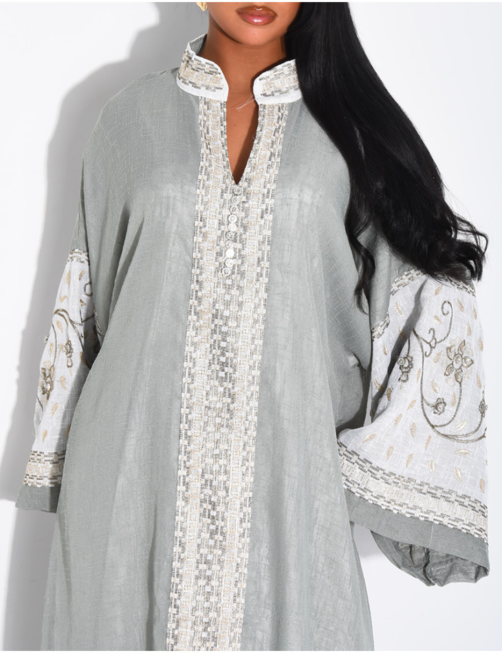 Abaya premium en lin à broderies & strass cousus mains