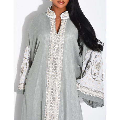 Abaya premium en lin à broderies & strass cousus mains