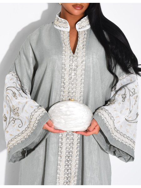 Abaya premium en lin à broderies & strass cousus mains