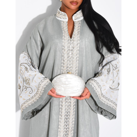 Abaya premium en lin à broderies & strass cousus mains