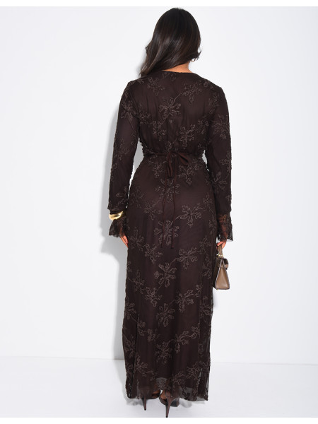 Long dress in lined tulle with embroidered motifs