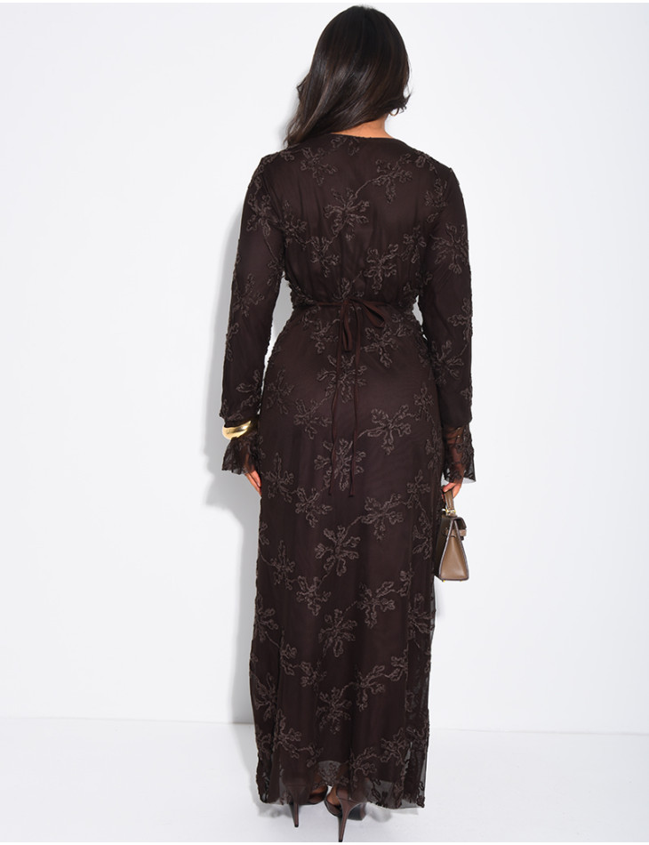 Long dress in lined tulle with embroidered motifs