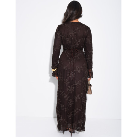 Long dress in lined tulle with embroidered motifs