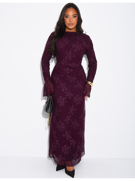 Robe longue en tulle doublé à motifs brodés