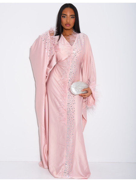 Crystal butterfly abaya with feather trim