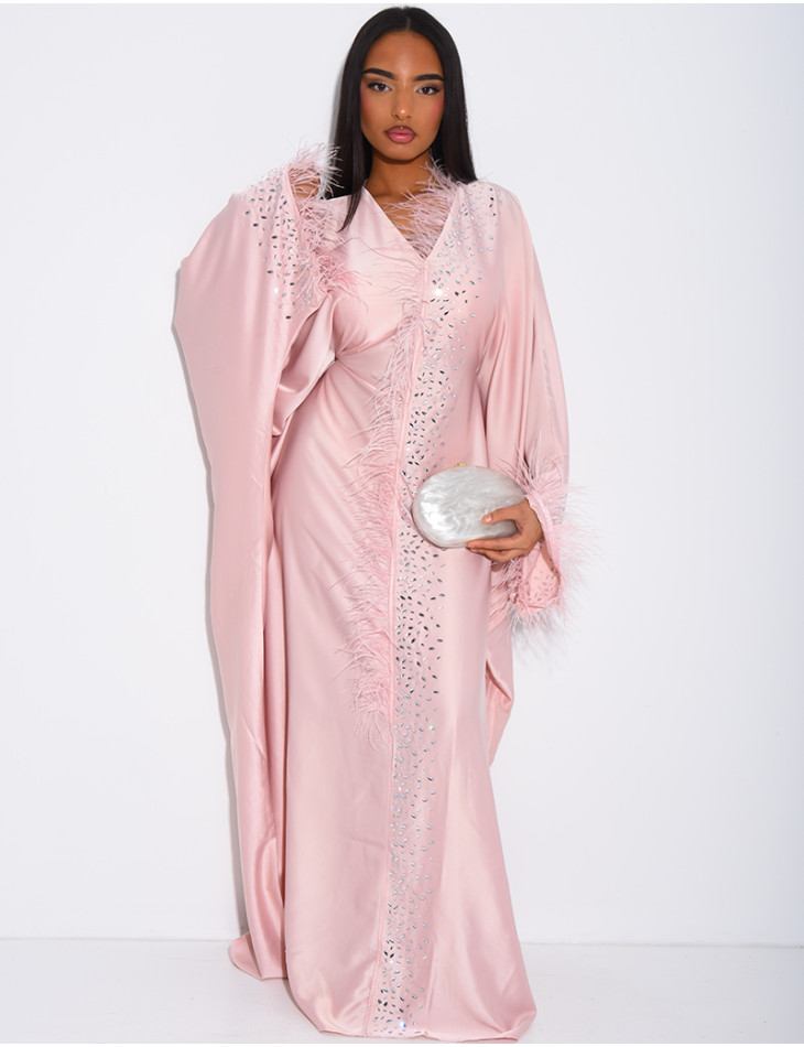 Crystal butterfly abaya with feather trim