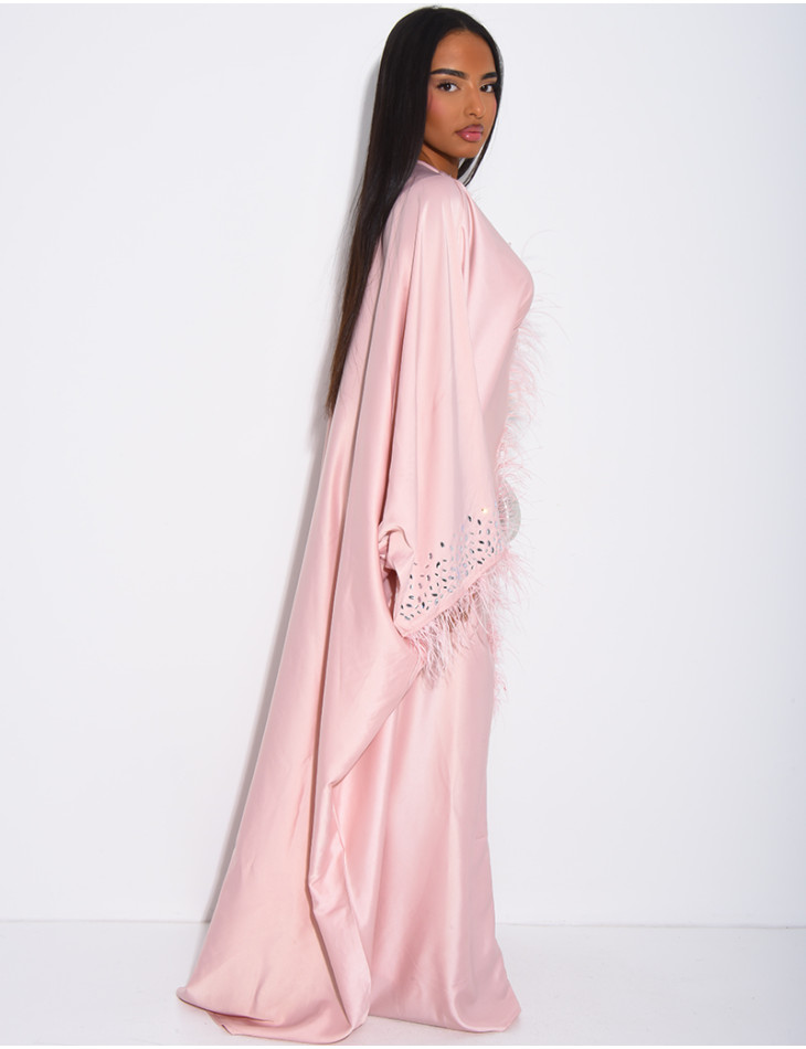 Crystal butterfly abaya with feather trim