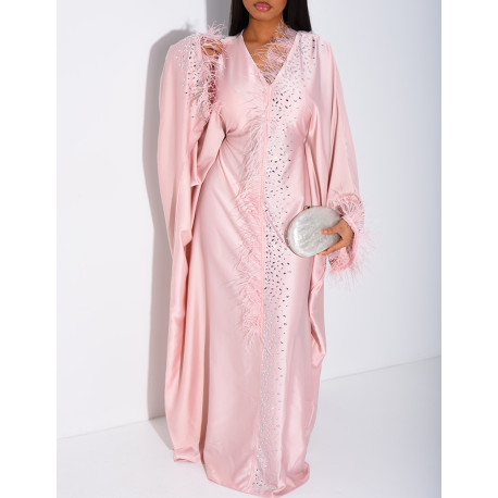 Crystal butterfly abaya with feather trim